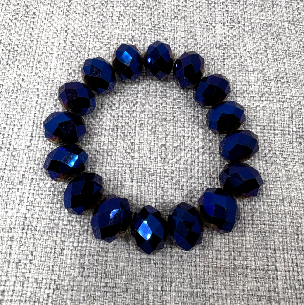 VTG Cobalt Blue Aurora Borealis Glass Bead Stretch Bracelet Faceted Chunky 7"
